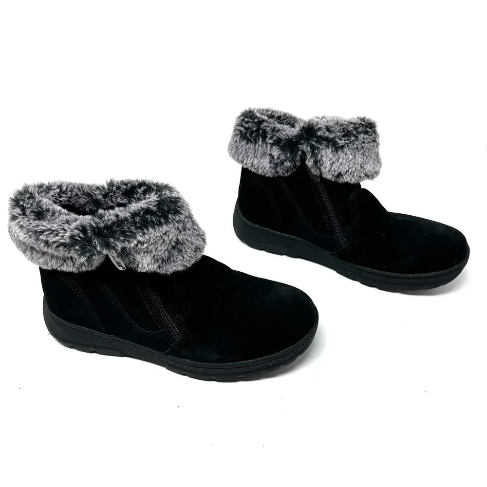 Khombu‎ Size 7 Boots Black Leather Slip On Faux Fur Side Zip Winter Snow Warm